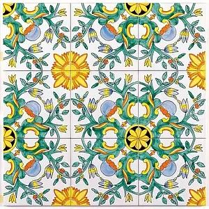 Bakgrundskakel, Färg flerfärgade, Stil hanverksmässig, Majolika, 13x13 cm, Yta halvblank